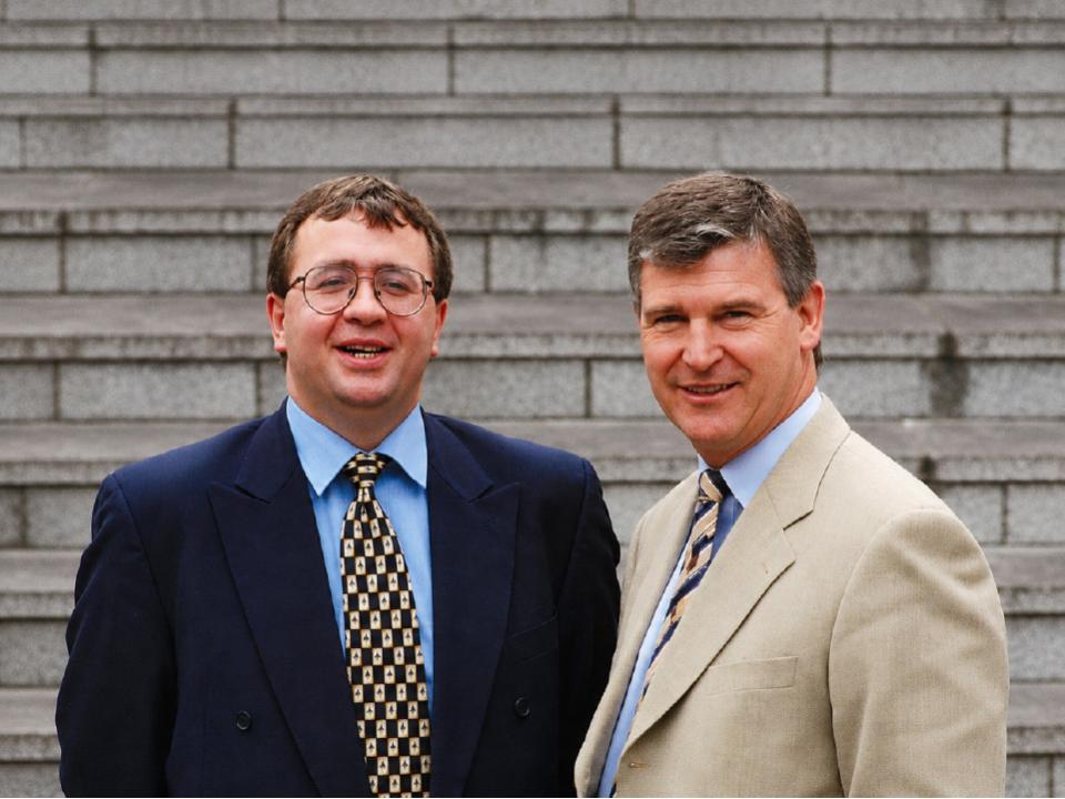 Patrick Crean and Conor Donnelly following the £45 million aquisition of Moore Corporation’s European printing business in 1998