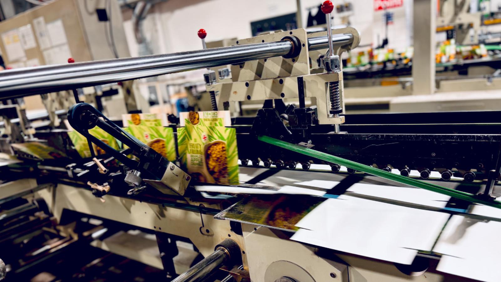 Carton packaging moving through a folding and gluing machine on a production line